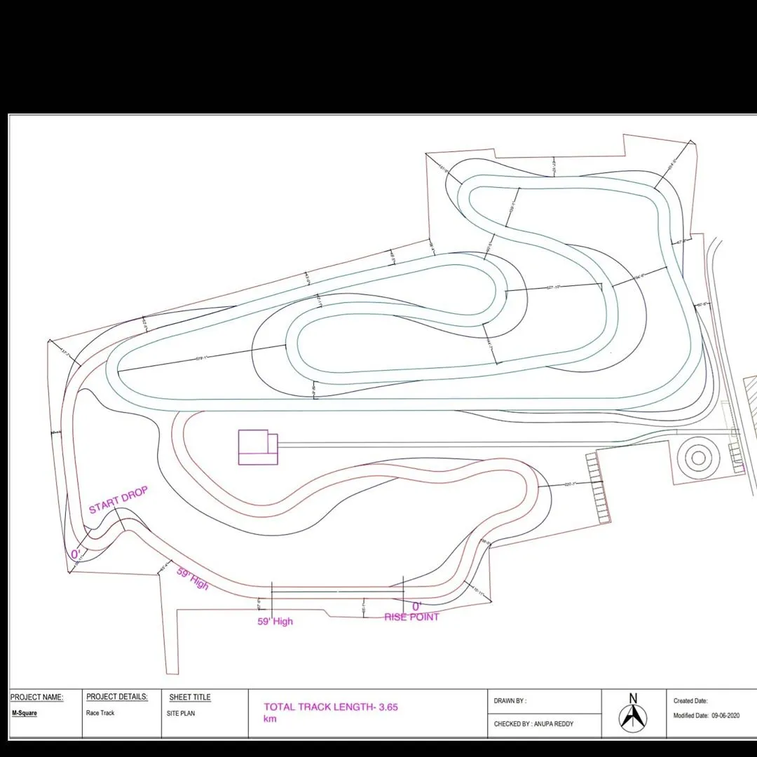 Technical line drawing of a racing circuit layout on a white sheet