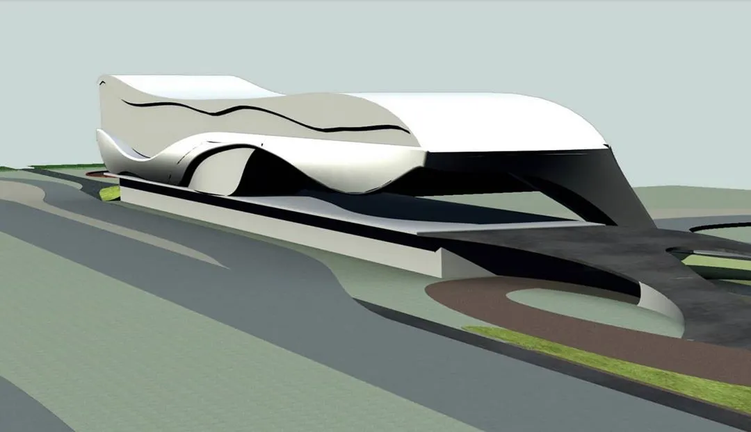 Grey architectural model of a building with a long curved white roof