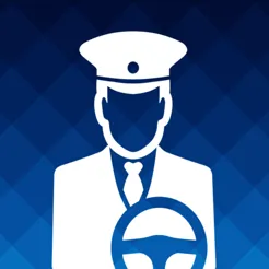 Illustrated icon of a uniformed driver in a peaked cap on a blue background