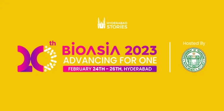 Yellow event banner for a biotechnology conference held in Hyderabad