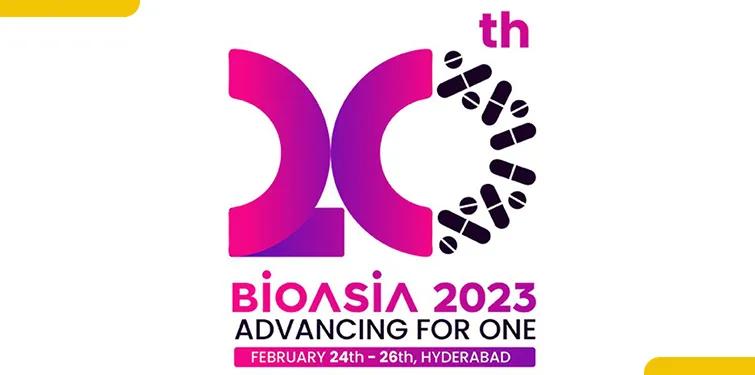 White event banner with a stylised anniversary logo for a biotech conference