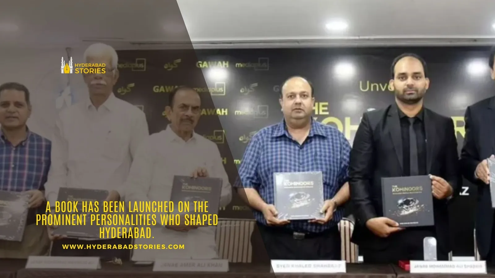 News graphic of men on a stage holding up copies of a book at a launch
