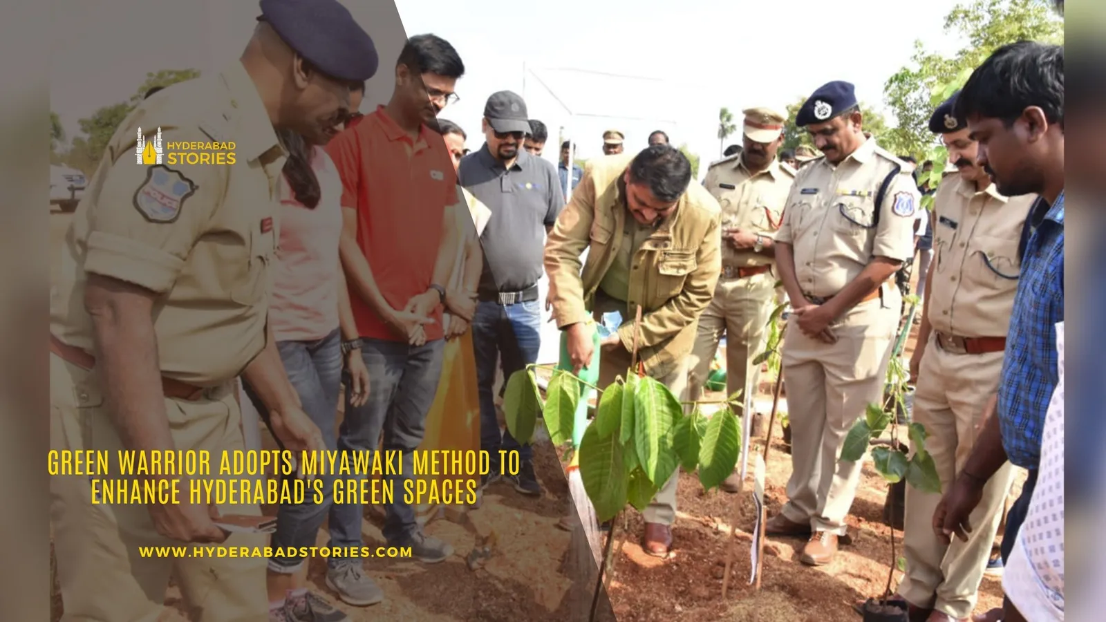News graphic of uniformed officers and others planting saplings on open ground