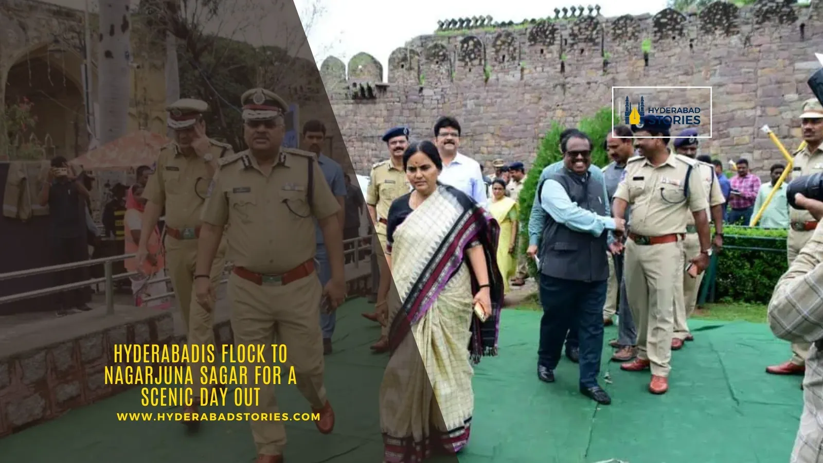 News graphic of officials and police walking along a path beside a stone fort wall