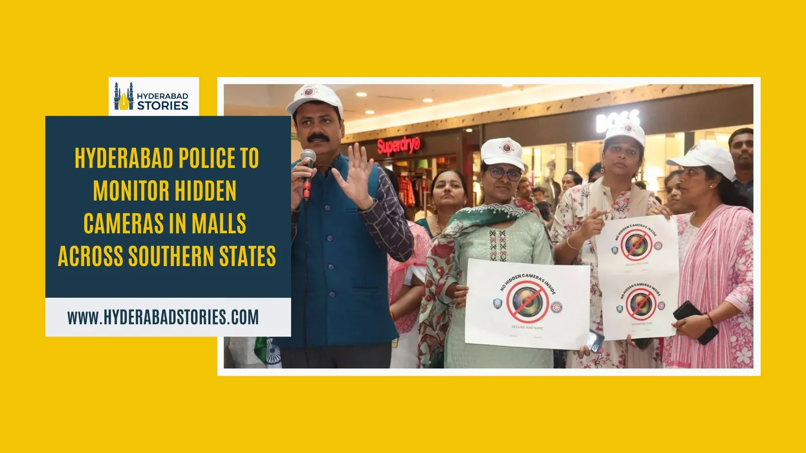 News graphic of people in caps holding awareness placards inside a shopping mall
