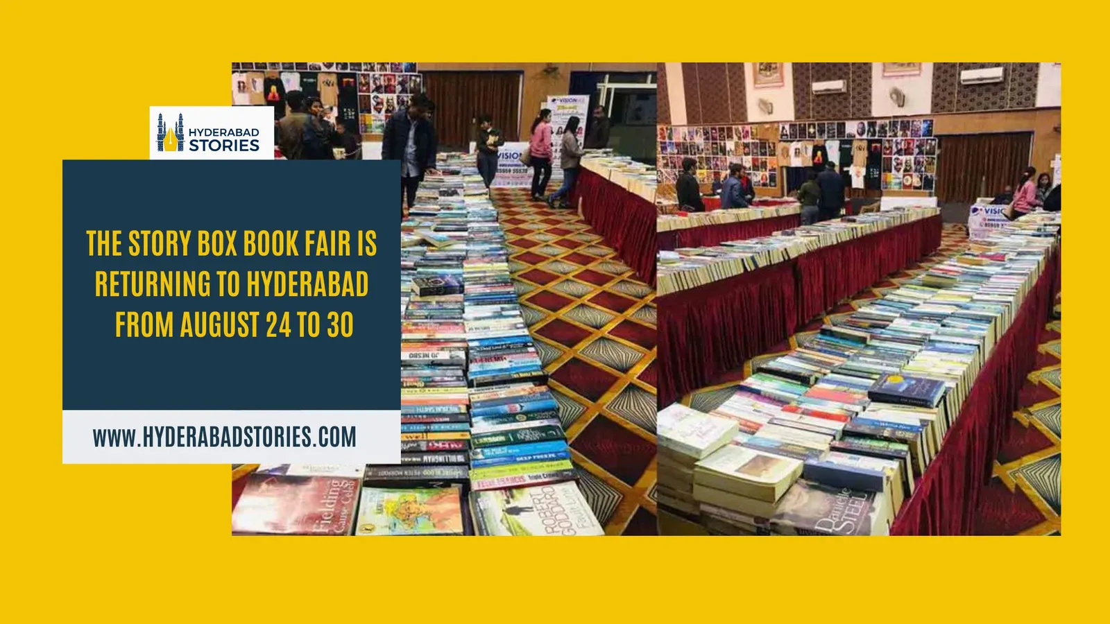 News graphic showing long tables of books laid out at an indoor book fair