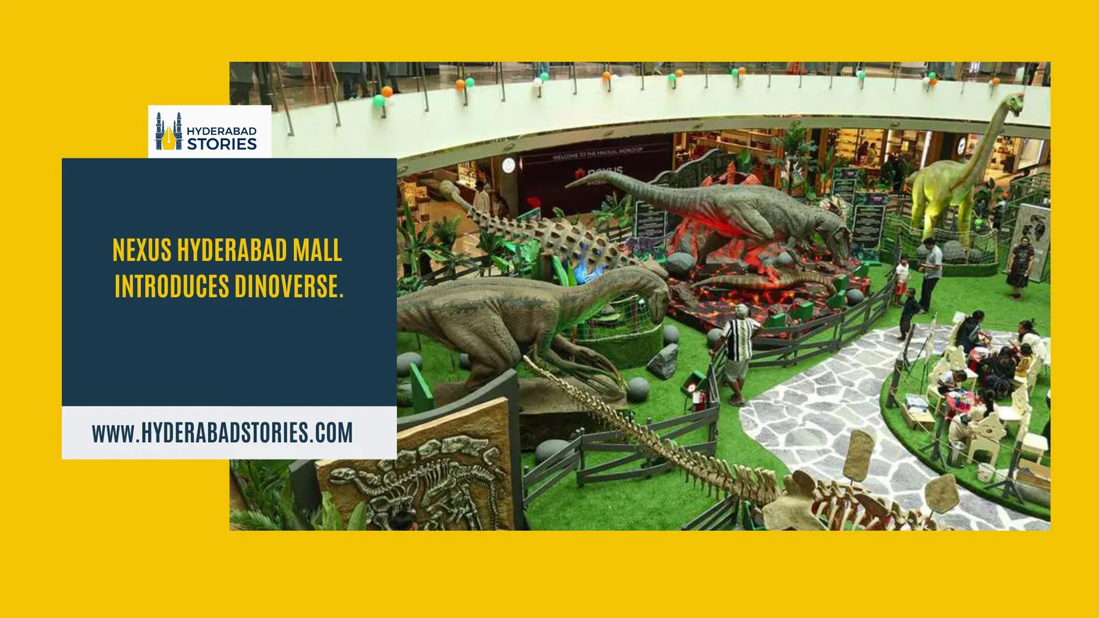 News graphic of a dinosaur model exhibit inside a shopping mall