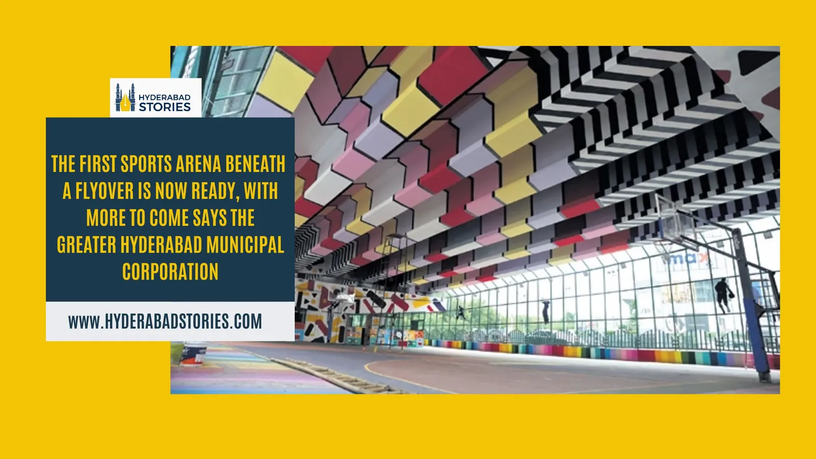 News graphic of a colourful sports arena built beneath a flyover