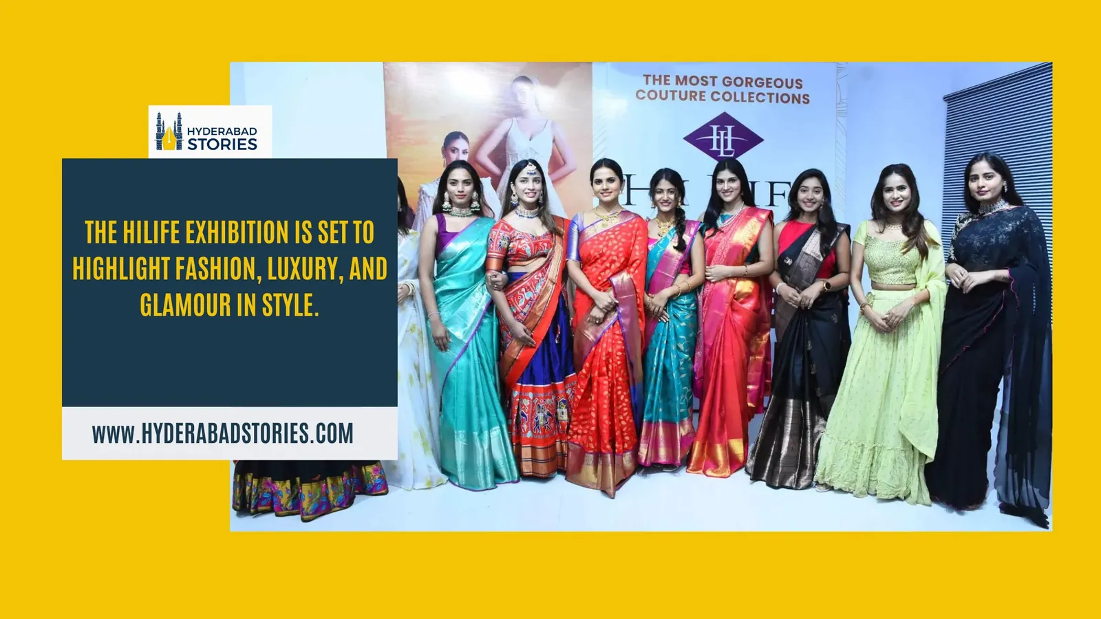 News graphic of women in bright sarees posed together at a fashion exhibition