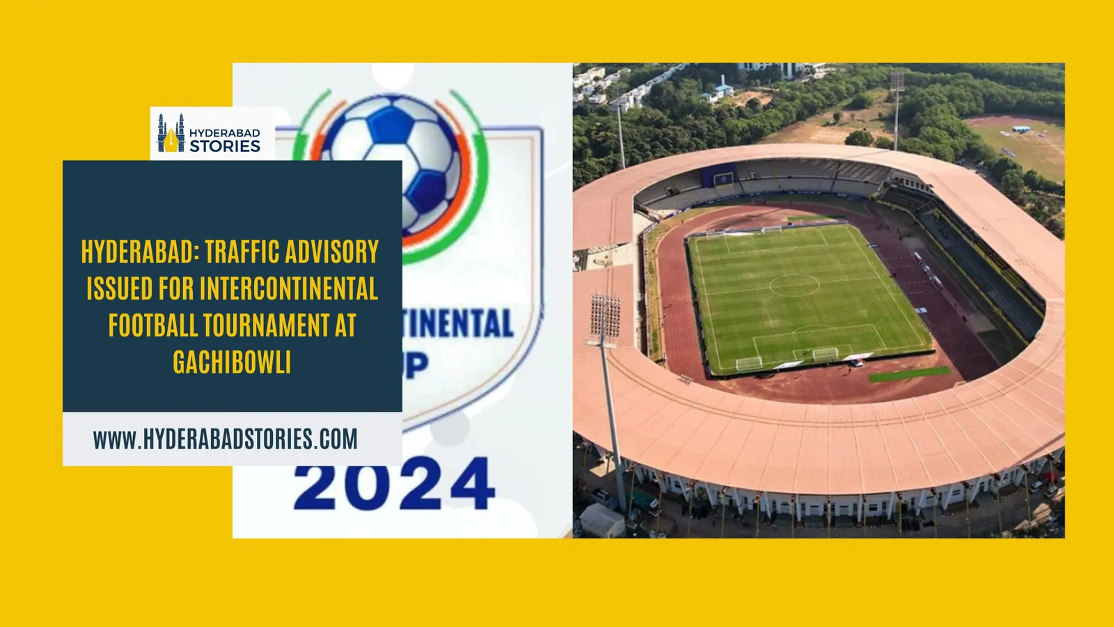 News graphic of a football tournament logo beside an aerial view of a stadium
