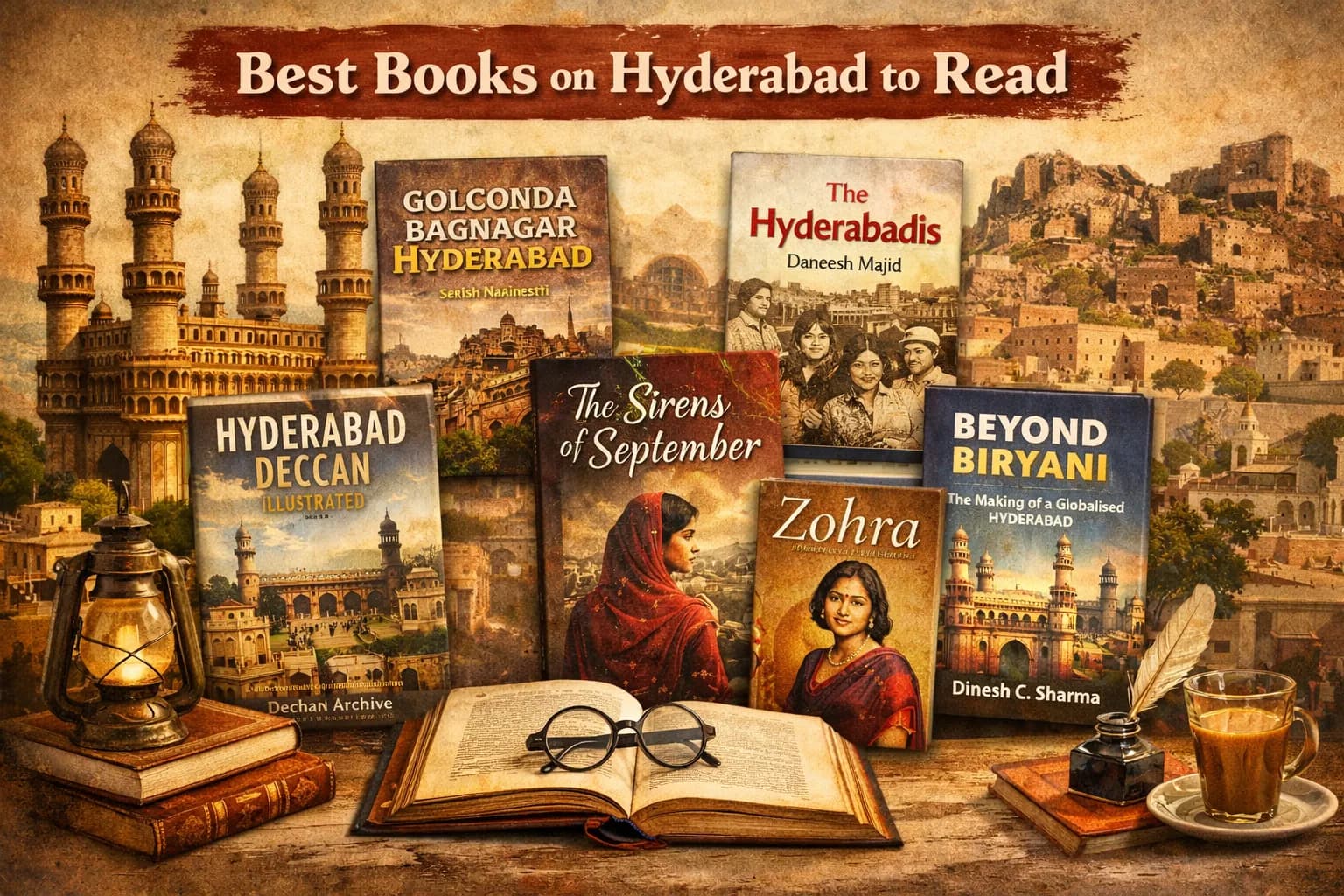 Graphic showing a stack of books about Hyderabad beside a lantern and glasses