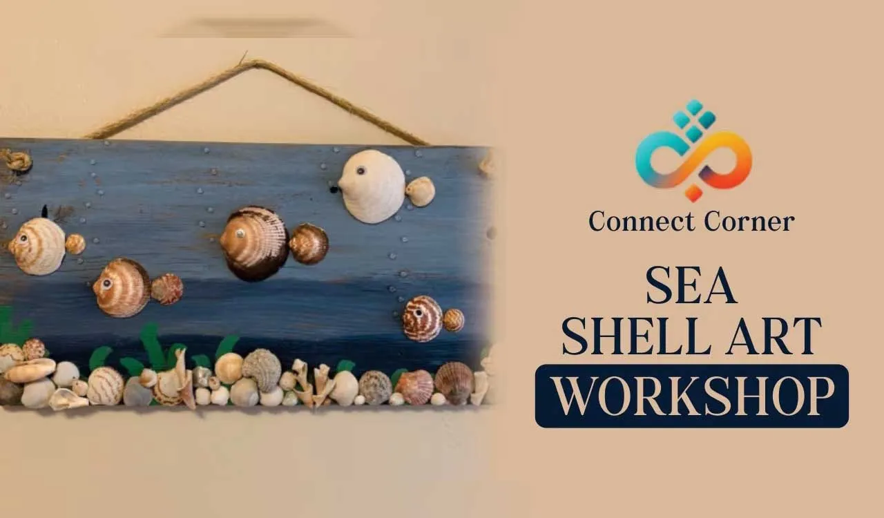 Promotional graphic of a shell art panel hanging on a wall