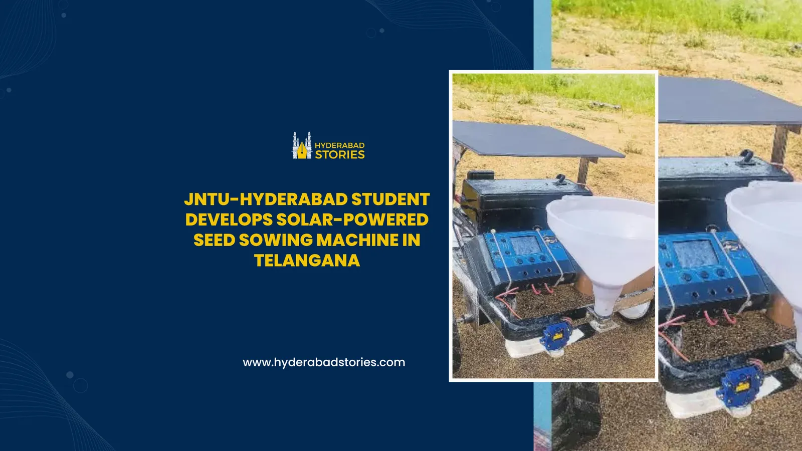 News graphic showing two photographs of a solar-powered farm machine