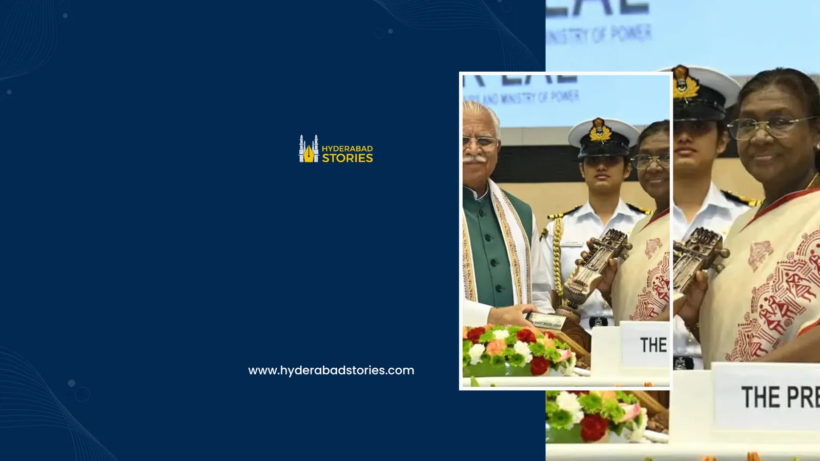 News graphic of officials at a formal indoor ceremony with flowers