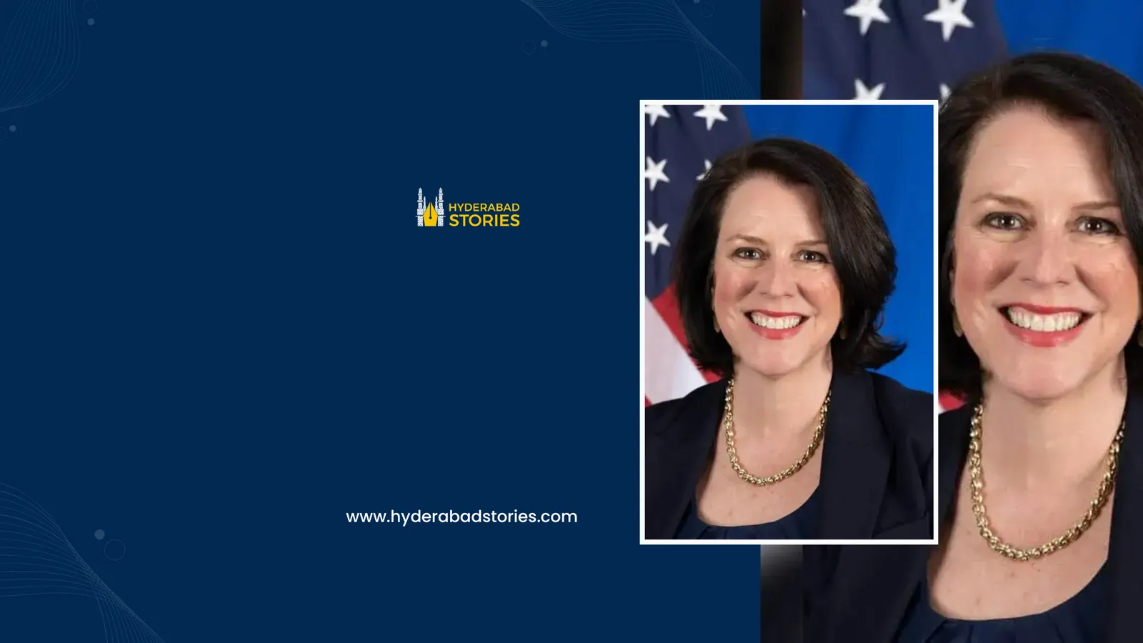 News graphic showing portraits of two women before a United States flag