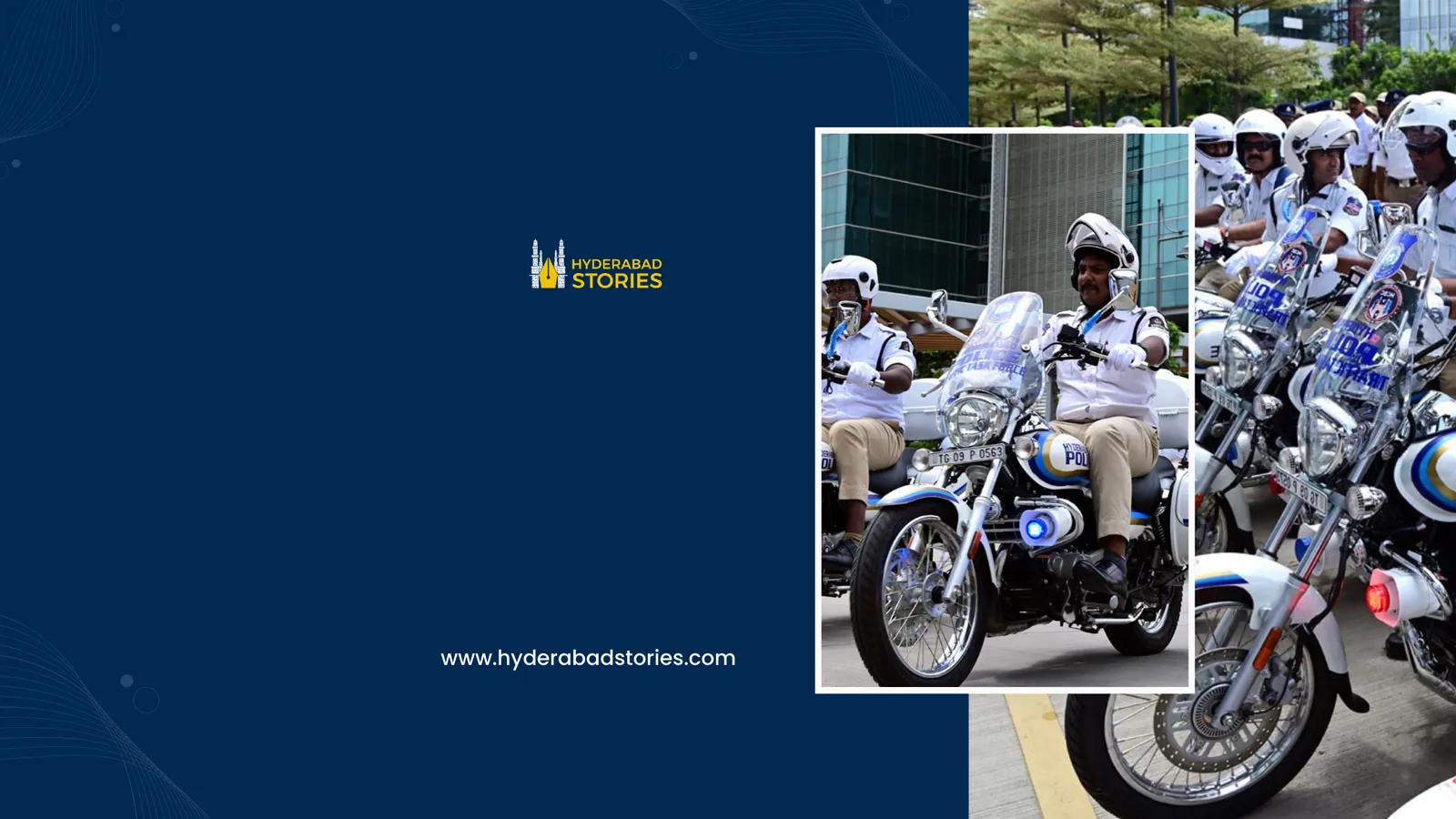News graphic of police motorcycles lined up with riders in white helmets