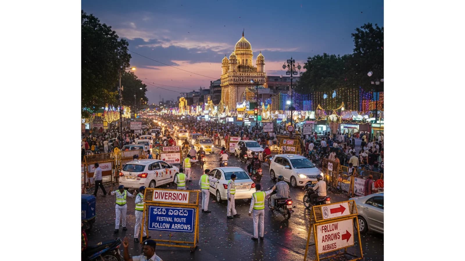 Traffic and crowds on a lit street beside a domed building at dusk