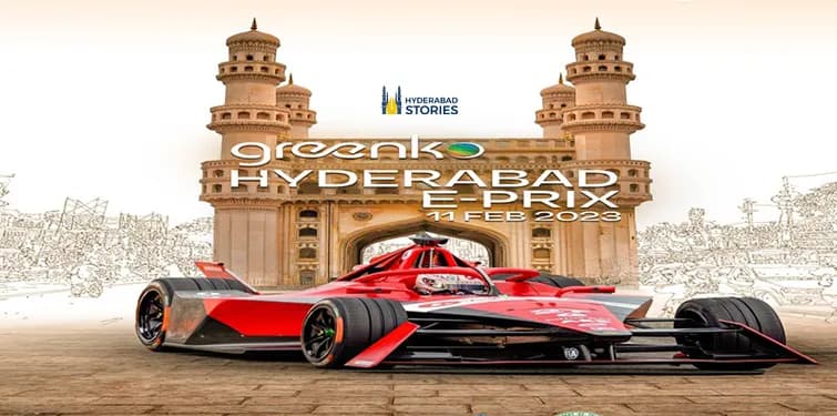 Promotional graphic of a racing car before an illustrated monument