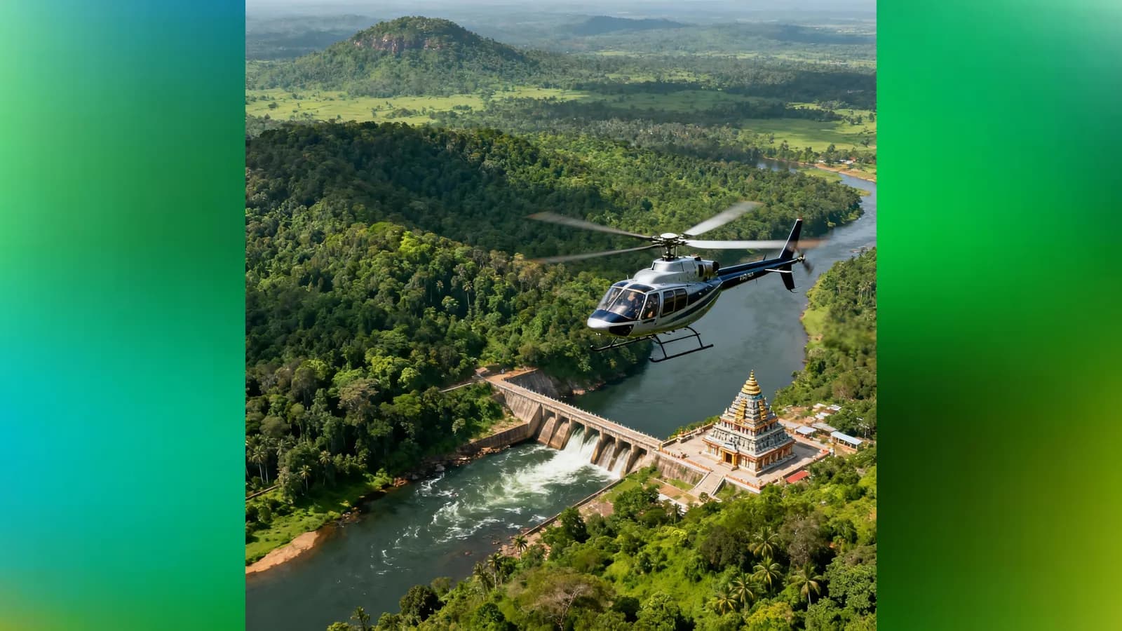 Aerial view of a helicopter flying above a forested river gorge