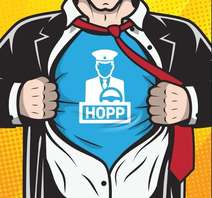 Cartoon graphic of a man opening his shirt to reveal a driver logo