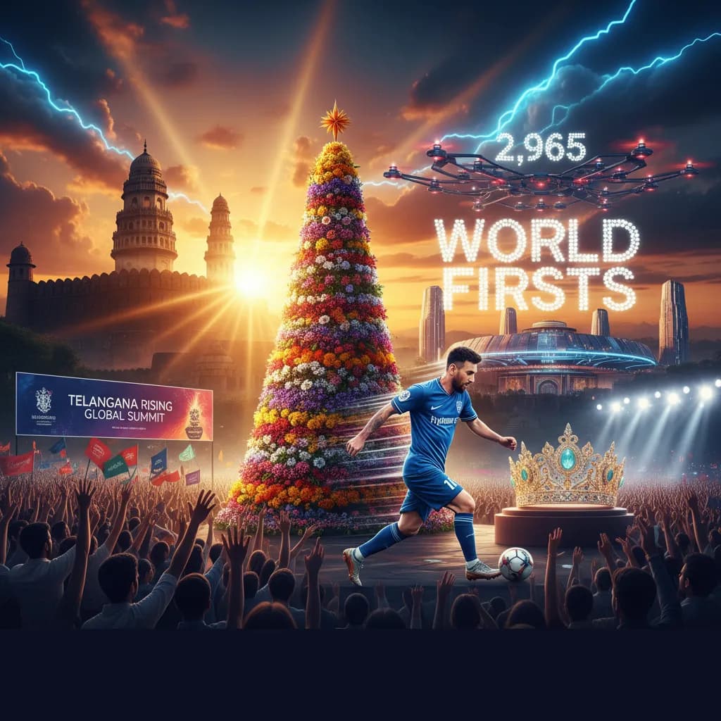 Illustrated collage of a decorated tree, a footballer and a crown