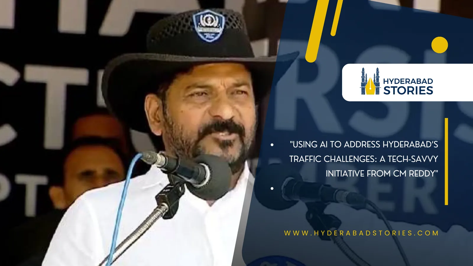 Man in a cap speaking into microphones at an event