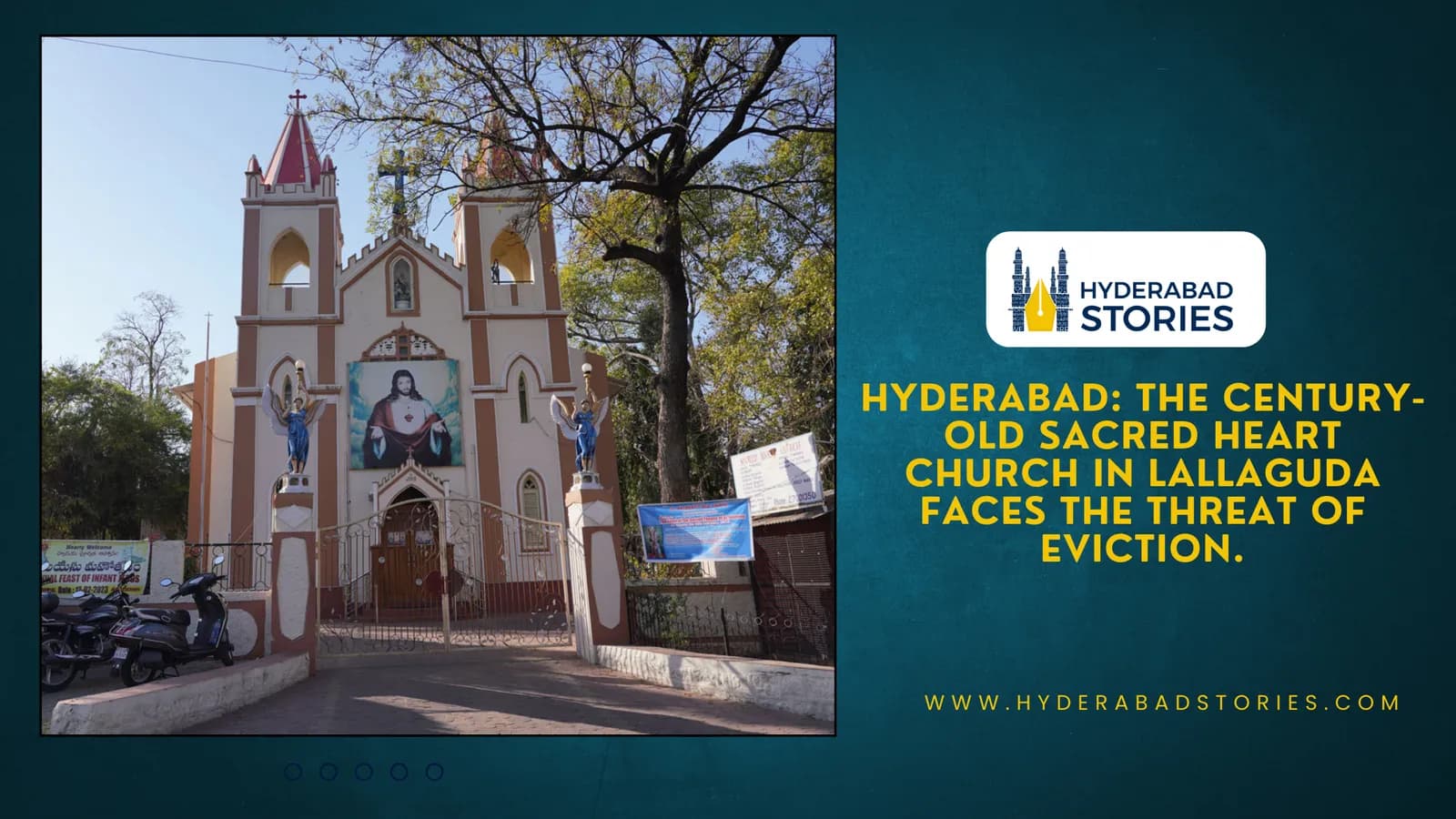 News graphic of a church with twin towers behind a fence