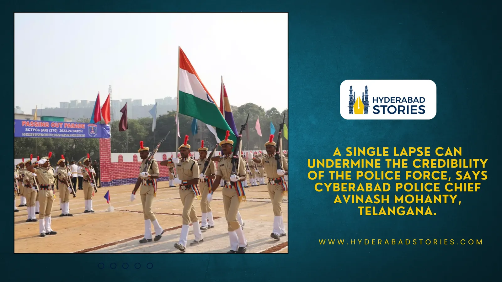 News graphic of a uniformed parade with flags on a ground