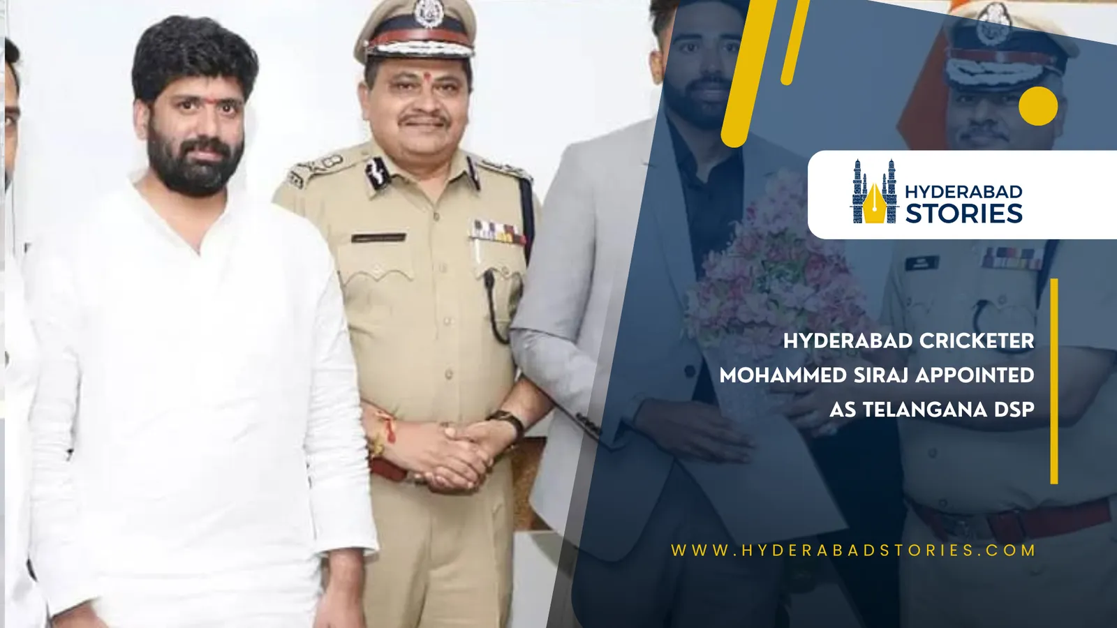 News graphic of a man beside a uniformed officer