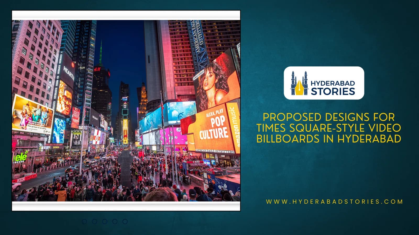News graphic of illuminated billboards in a city square