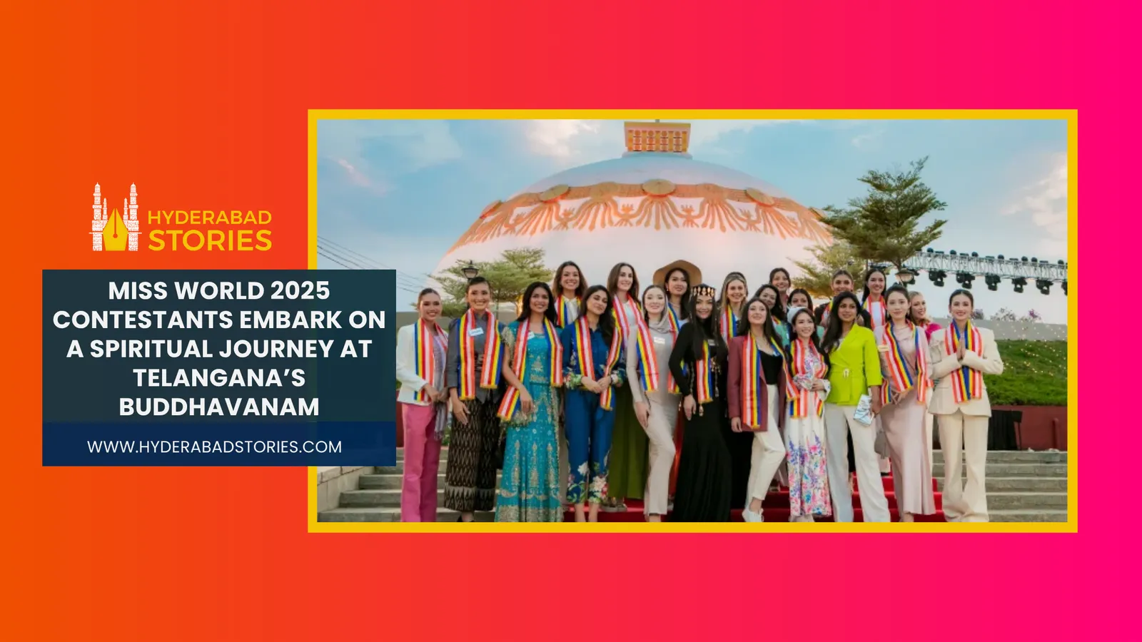 News graphic of a group posed before a hillside monument