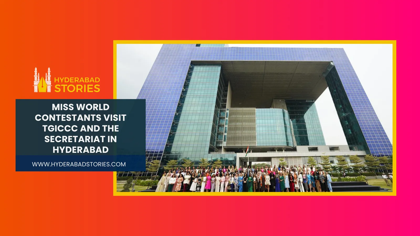News graphic of a group posed before a glass government building