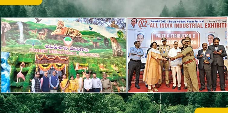 Composite of an exhibition backdrop and a prize ceremony