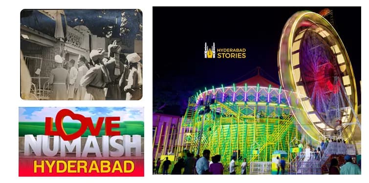 Composite graphic of an archival photograph and a lit fairground