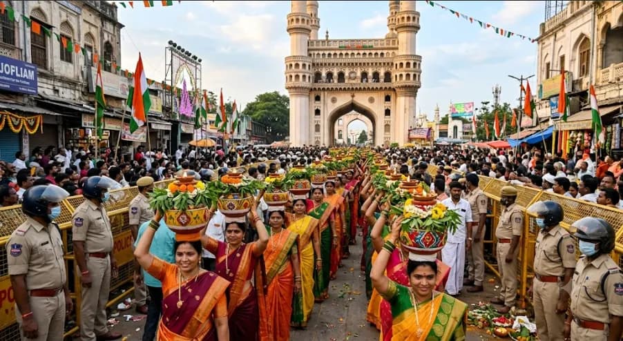 Crowd of women carrying decorated pots along a street procession