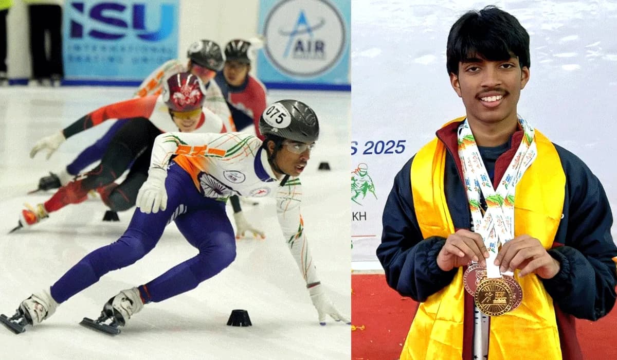 Composite of speed skaters racing and a young athlete with medals