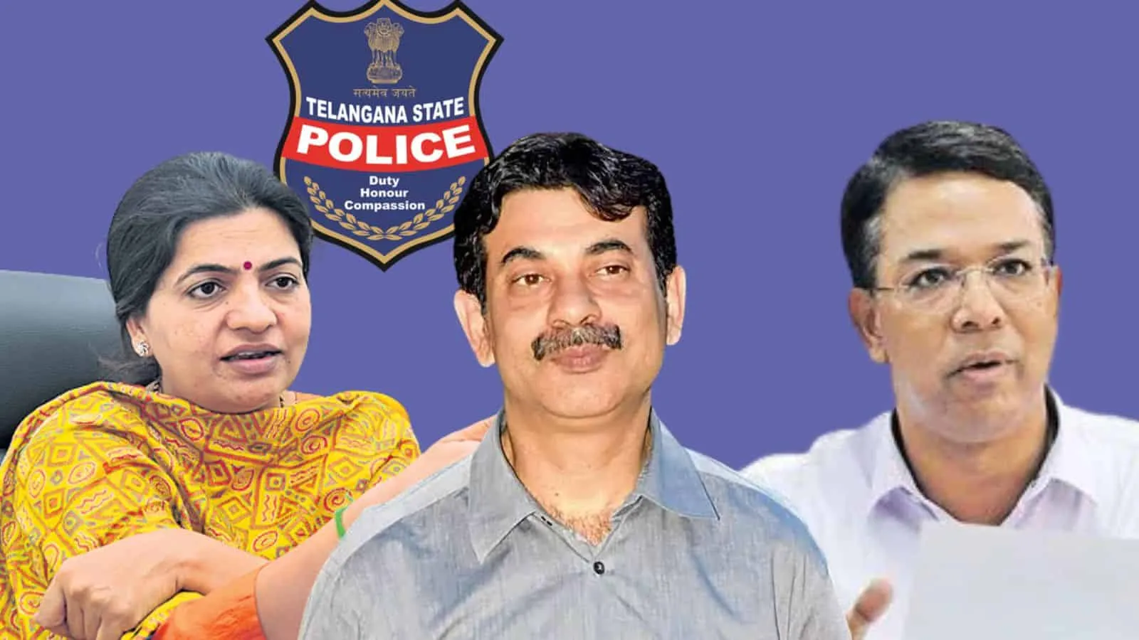 Composite of three people speaking beside a police emblem