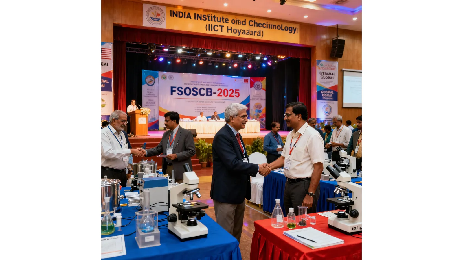 People at a conference exhibition with microscopes on display tables