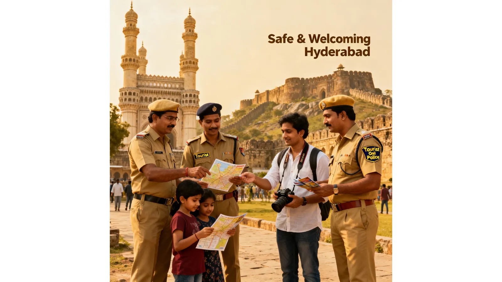 Illustration of police officers giving directions to visitors near a monument