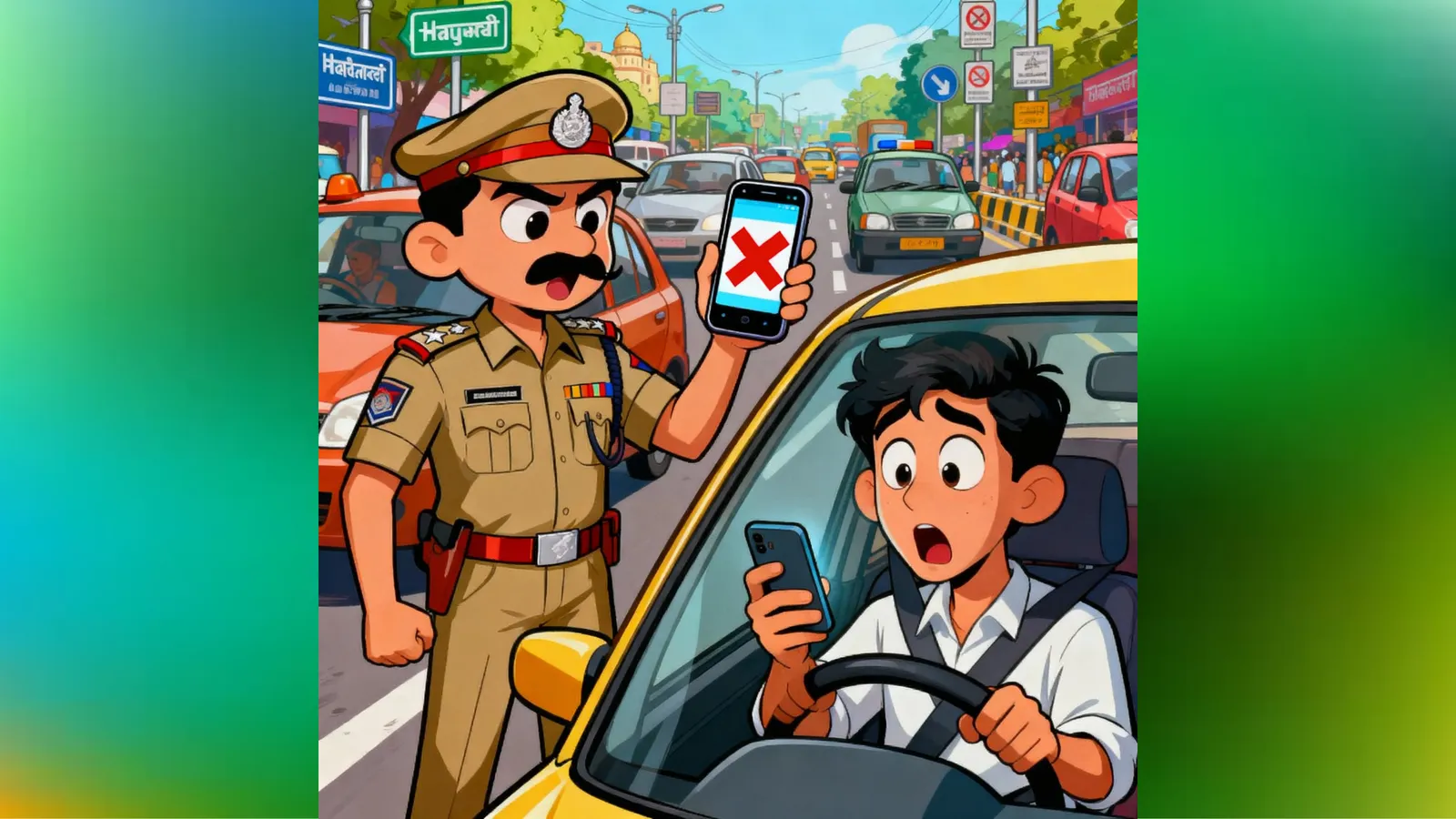 Cartoon of a police officer stopping a driver using a phone