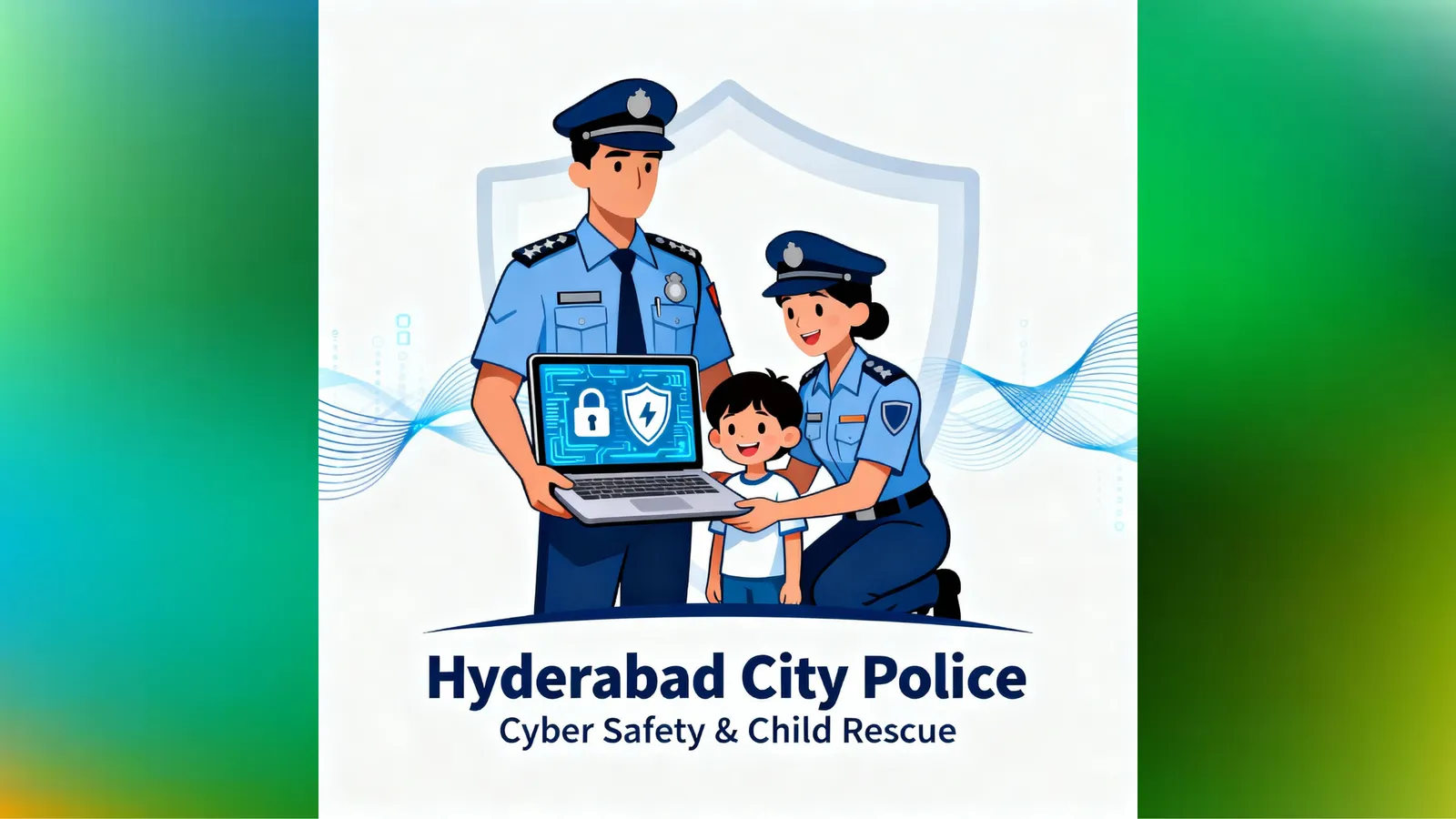 Illustration of police officers with a laptop for a cyber safety campaign