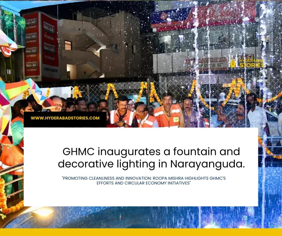 News graphic of a lit fountain with a crowd at an inauguration