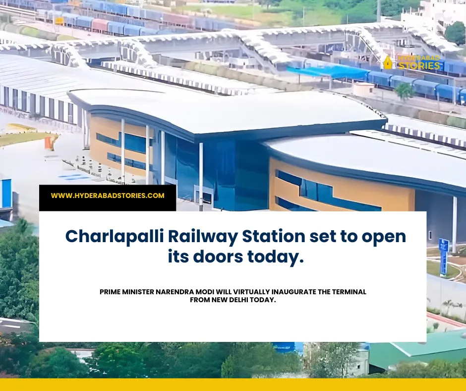 News graphic showing an aerial view of a new railway station