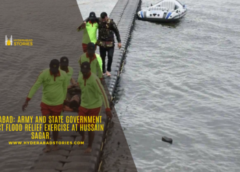 Hyderabad: Army and state government conduct flood relief exercise at Hussain Sagar.