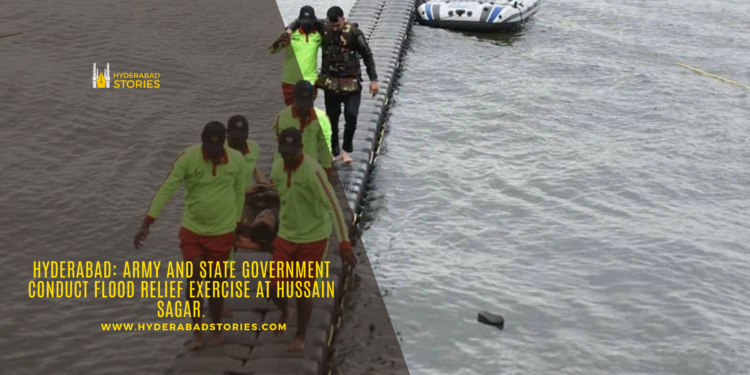 Hyderabad: Army and state government conduct flood relief exercise at Hussain Sagar.