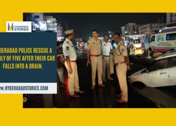 Hyderabad police rescue a family of five after their car falls into a drain.