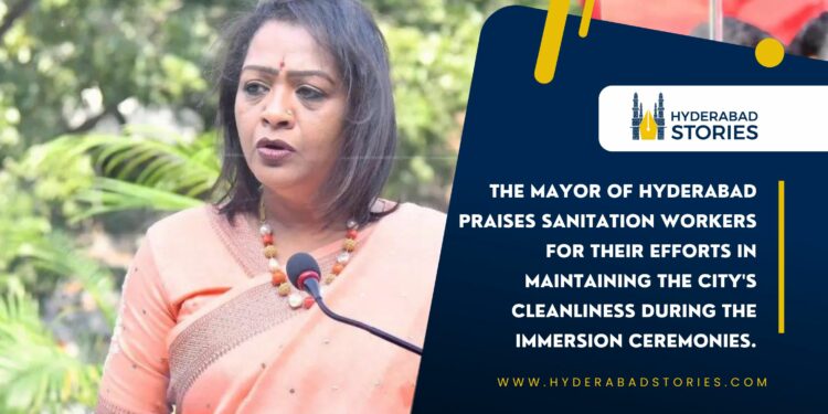 The Mayor of Hyderabad praises sanitation workers for their efforts in maintaining the city’s cleanliness during the immersion ceremonies.